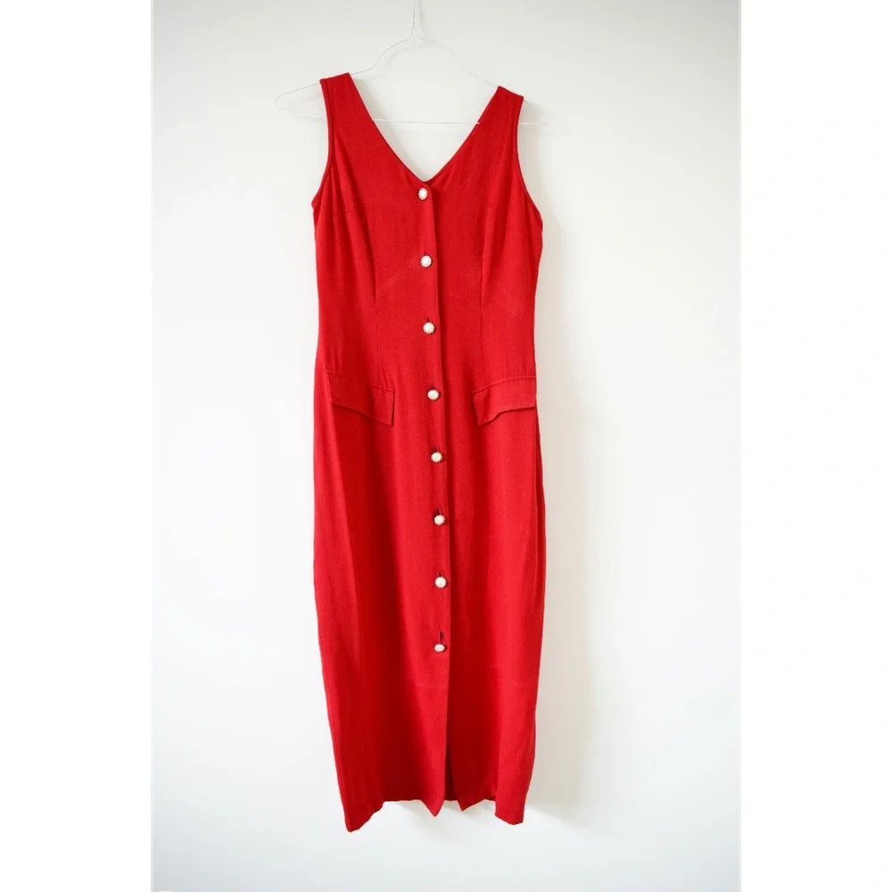 MARNIE WEST Vintage Red Pearl Button Up Maxi Dress | Size 6 - Picture 1 of 5